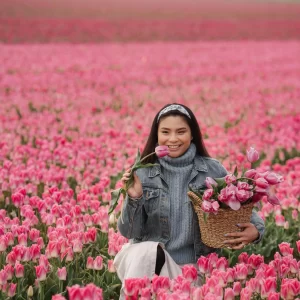 mujer sentada en campo de flores tulipanes